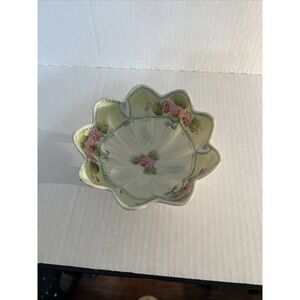 Vintage JAPAN Scalloped Tri Footed Bowl Pink & Green‎ Flowers Hand Painted